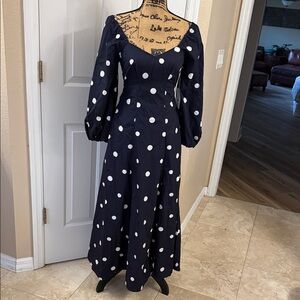 Women's Navy Polka Dot Midi Dress with Puff Long Sleeves